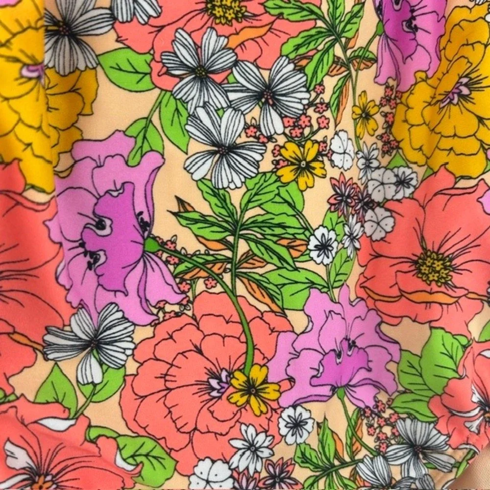 Cat & Jack Girls Floral One Piece Swimsuit Side Cut Out Orange Pink XL 14